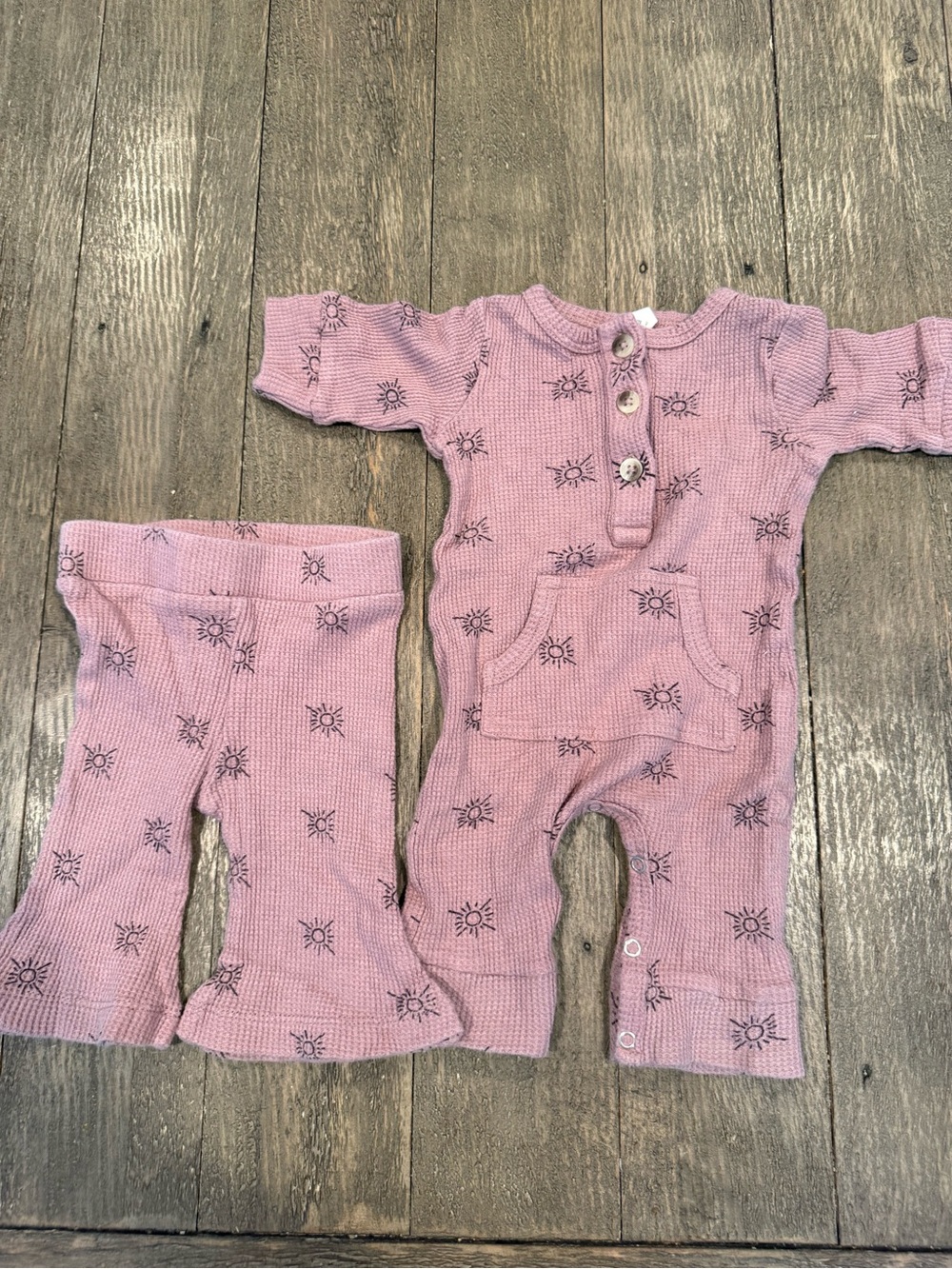 kate quinn Pink Waffle Knit Footie and Pants Set with Sun Print
